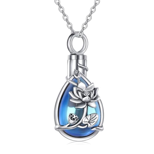 JUSTKIDSTOY Moonstone Urn Necklace for Ashes Sterling Silver Daisy/Rose/Tree Teardrop Pendant Necklace Cremation Jewelry Keepsake Memorial Gifts for Mother Grandma w/Funnel Filler - style: Lotus