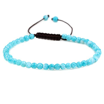 Keleny Natural Gemtones 4mm Round Beads Crystal Adjustable Braided Macrame Tassels Bracelets Unisex - color: Xin Jiang A Grade Blue Amazonite