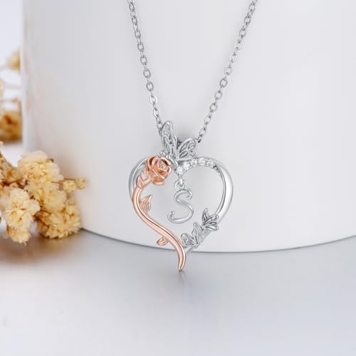 TOUPOP Gifts for Women Her 925 Sterling Silver Rose Heart Initial Necklace Butterfly Heart Jewelry Anniversary Birthday Gifts for Wife Girlfriend Mom - color: S Initial