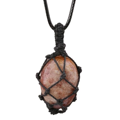 Crystal Tumbled Stone Pendant Necklace for Women Knotted Net Bag Leather Necklace Yoga Meditation Jewelry Gifts - color: Ghost Quartz