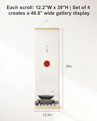 Vertical Chinese Wall Scroll Set of 4 - Traditional Ancient Architecture Paintings, Asian Wall Art with Natural Wood Frame for Living Room, Office Decor - style: Art Deco