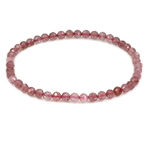 Keleny Gem Semi Precious Gemstones 4mm Round Beads Crystal Stretch Bracelet 7 Inch Unisex - color: Faceted Red Strawberry Quartzite