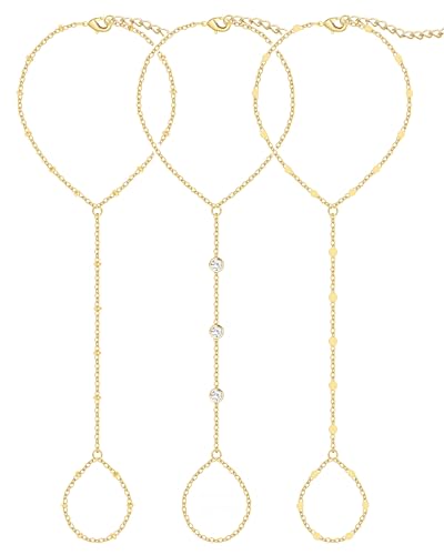 3PCS 14K Gold-Plated Hand Chain Bracelets for Women, Stack Bracelets Set Adjustable, Trendy Dainty Ring Bracelet Hand Chain - color: gold-3-A