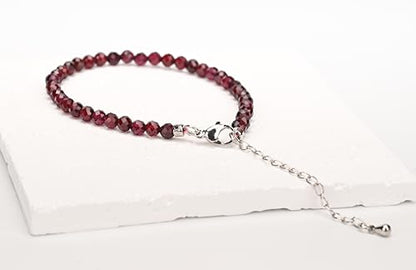 Crystal Bracelet for Women, Natural 4mm Faceted Beads Adjustable Bracelet, Small Beaded Healing Gemstone Bracelet - color: Red Garnet