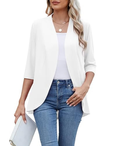 KUOTAI Womens Lightweight Open Front Cardigan Soft Draped 3/4 Sleeve Shawl Collar Office Business Casual Top - color: White, size: Small