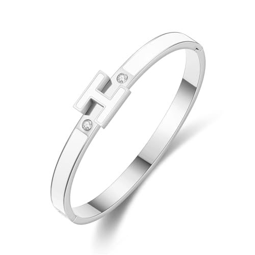 Gold Bracelets for Women, H Bangle Bracelet, Dainty 18K Gold Plated Stainless Steel Enamel Bracelet for Everyday, Work, Party, Stackable Gift for Mom, Wife, Girlfriend - color: Silver-White