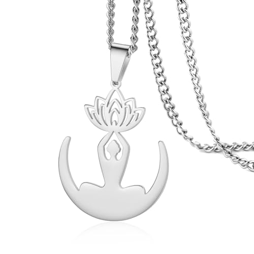 VASSAGO Buddha Lotus Necklace for Women Yoga Healing Pendant Stainless Steel Flower Necklace Buddhist Necklace Unalome Symbol Amulet Religious Jewelry - color: silver 6