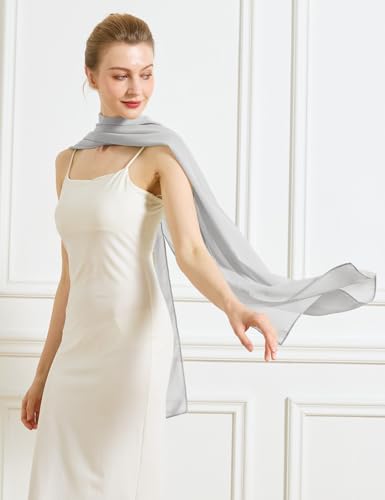 Chiffon Cape Shawl Wrap Scarf 3 Ways to Wear Elegant Sheer Capelet for Evening Dresses Weddings Parties - color: Silver