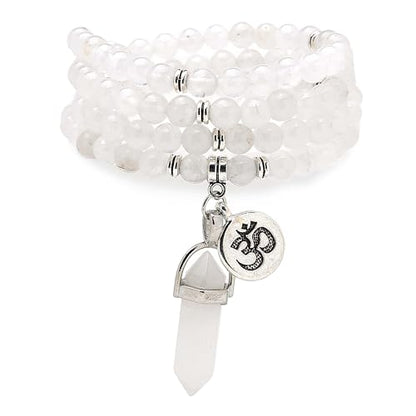 Natural Japa Mala 108 Beads Bracelet Necklace Meditation Accessories with om Chram and Reiki Quartz Hexagonal Prism Pendant - style: White Jade