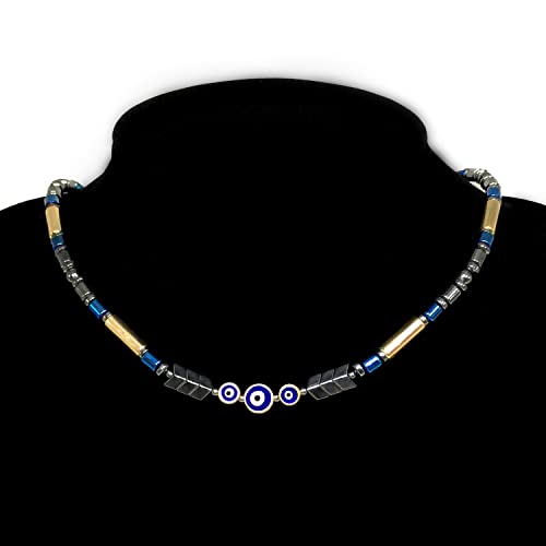 Healing Stress Anxiety Meditation Grounding Energy Gemstone Necklace Series - color: Black Blue Hematite -4 mm- Tube Beads & Evil Eye