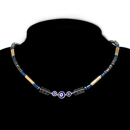 Healing Stress Anxiety Meditation Grounding Energy Gemstone Necklace Series - color: Black Blue Hematite -4 mm- Tube Beads & Evil Eye