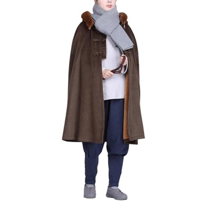 Unisex Meditation Hooded Cloak Winter Oversized Coat Double Layer Plush Poncho Cape One Size Length 100cm - color: Coffee