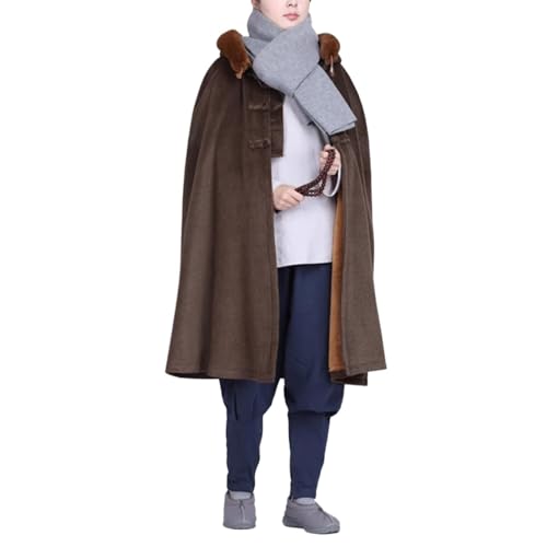 Unisex Meditation Hooded Cloak Winter Oversized Coat Double Layer Plush Poncho Cape One Size Length 100cm - color: Coffee