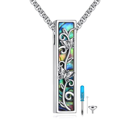 Cremation Urn Necklaces for Ashes Sterling Silver 3D Vertical Bar Memorial Pendant for Loved Ones Keepsake Cremation Jewelry Gifts for Women Men - style: Butterfly
