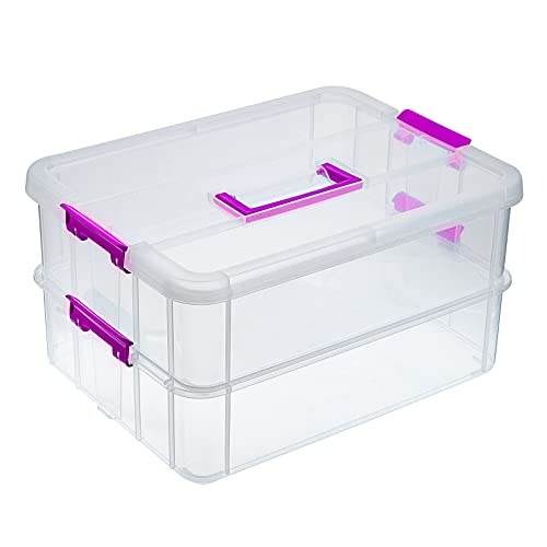 BTSKY 2 Layer Stack & Carry Box, Plastic Multipurpose Portable Storage Container Box Handled Organizer Storage Box for Organizing Stationery, Sewing, Art Craft, Jewelry and Beauty Supplies(Purple) - color: Purple