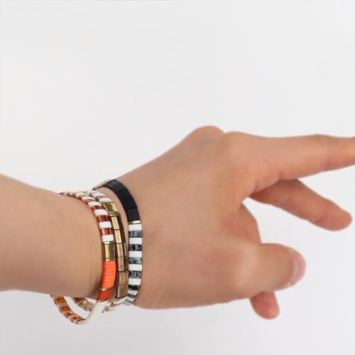 Tila Beaded Stretch Strand Bracelets for Women, Cute Boho Stackable Handmade Colorful Mixed Flat Square Beads Elastic Beach Surfer Bracelet Trendy Jewelry Friend Gift - color: 0901G