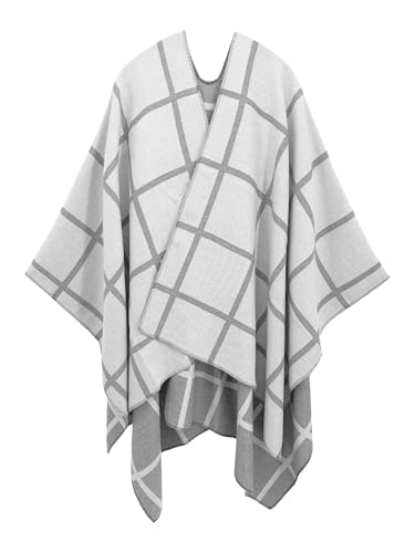 Women's Elegant Shawl Wraps, Soft Open Front Poncho Cape, Reversible Casual Cardigan Shawls for Gift Travel - color: Lightgray-white/Gray-white
