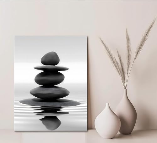 Zen Canvas Wall Art Black Stacked Stone Poster Print for Spas Bathrooms Yoga Rooms Meditation Spaces Ready to Hang 12x16in Framed - color: Canvas Black Stone, size: 16"L x 12"W