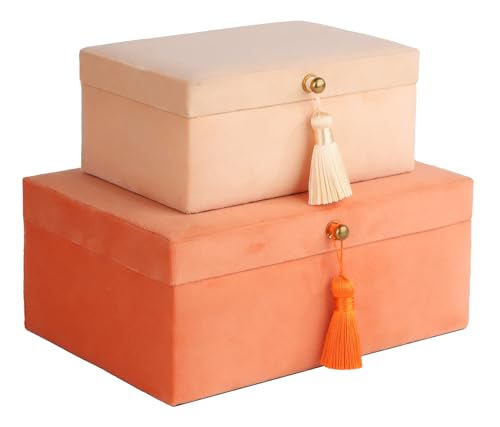 HofferRuffer Velvet Jewelry Boxes Decorative Boxes, Storage Accessory Organizer Boxes with Elegant Handle Decor, Classic Velvet Set of 2 Pieces (Orange) - color: Orange