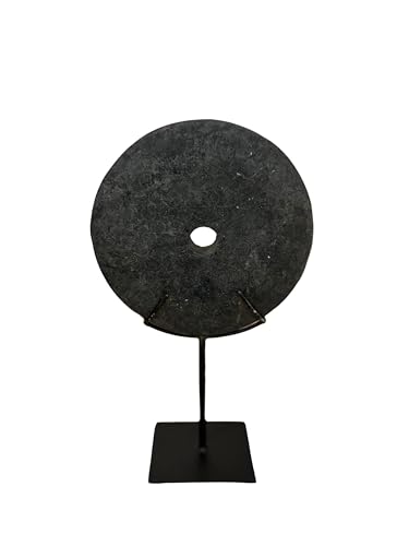 Decorative disc of Oriental style in Black Stone, Elegant, enhanced on a matt black metal base. Evoking the purity of Forms and the connection with the Nature of Zen Art