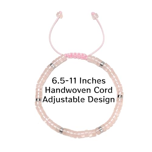 Mixed Gemstone Adjustable Braided Beaded Bracelet for Women, 2x4mm Heishi Disc Natural Healing Stone Summer Beach Jewelry, Yoga Gift for Her - color: Rose Quartz