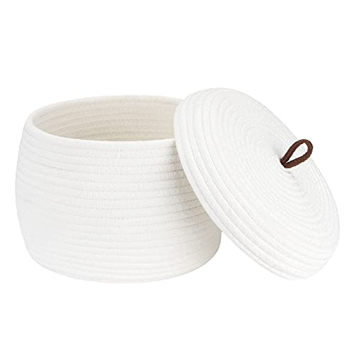 Sea Team Round Cotton Rope Storage Basket with Lid, Decorative Woven Storage Bin, Pot, Caddy, Organizer, Container for Snacks, Towels, Plants, 10 x 7.5 Inches (Small, White) - color: White, size: Small