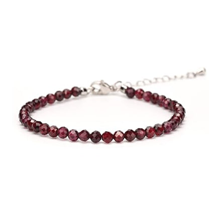 Crystal Bracelet for Women, Natural 4mm Faceted Beads Adjustable Bracelet, Small Beaded Healing Gemstone Bracelet - color: Red Garnet