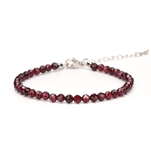 Crystal Bracelet for Women, Natural 4mm Faceted Beads Adjustable Bracelet, Small Beaded Healing Gemstone Bracelet - color: Red Garnet