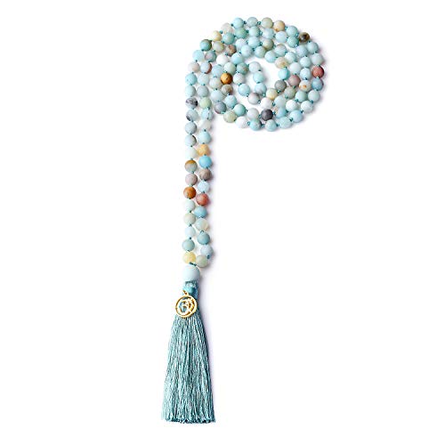 COAI OM Charm Hand Knotted Tassel 108 Mala Beads Necklace - color: Matte Amazonite, size: 8mm