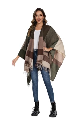 Shawl Wraps for Women, Elegant Knitted Cape Open Front Poncho Scarf Blanket Cardigan Coat for Spring, Autumn, and Winter - color: Green Beige