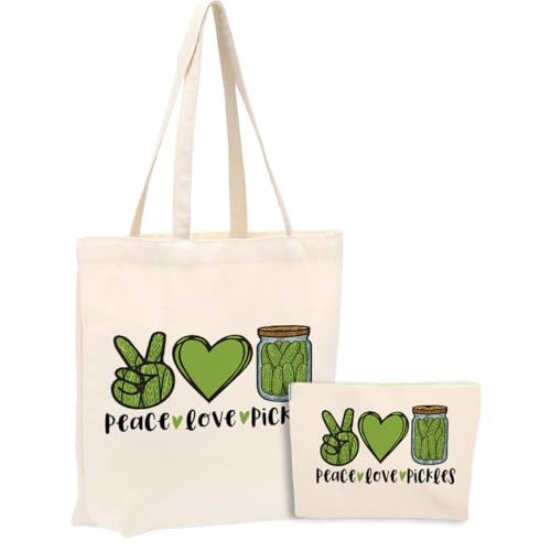 Funny Pickle Gifts，2PCS Makeup Cosmetic Bag Canvas Tote Bag Beach Bag for Shopping Work Office, Pickle Stuff Gifts for Pickles Lovers Women Friend Sister Girl Birthday Friendship Christmas - color: Love Pickle 0923