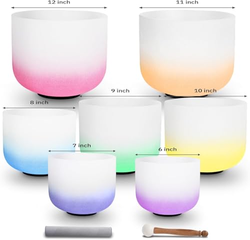 Set of 7 size 6-12 inch Gradient Color Chakra Tuned 432hz Quartz Crystal Singing Bowls with Heavy Duty Carrying Cases and Singing Bowl Mallets - color: Set of 7, Gradient