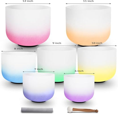 Set of 7 size 6-12 inch Gradient Color Chakra Tuned 432hz Quartz Crystal Singing Bowls with Heavy Duty Carrying Cases and Singing Bowl Mallets - color: Set of 7, Gradient
