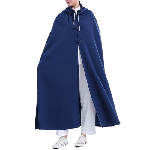 Unisex Meditation Buddhist Hooded Cloak Loose-Fit Comfortable Warm Prayer Robe Button Down Coat Poncho - color: Blue, size: Medium