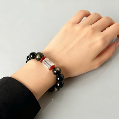 12mm Black Obsidian Bracelet for Men – Large Bead Chunky Stone Bracelet, Bold Masculine Style with Natural Protection Energy, Adjustable Habit Reminder & Stress Relief Jewelry Gift