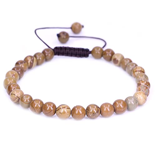 Keleny Natural Gemtone 6mm Round Beads Crystal Adjustable Braided Macrame Tassels Bracelets Unisex - color: Yellow Matt Woodgrain stone
