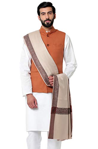 Weavers Villa Men's Woven Border Woollen Lohi Meditation Shawl Wrap - color: Light Beige