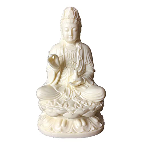 Goddess of Mercy Guan yin Buddha Statue on Lotus|White Quanyin Sculpture for Home Office Decor|Female Buddha Statue Blessing
