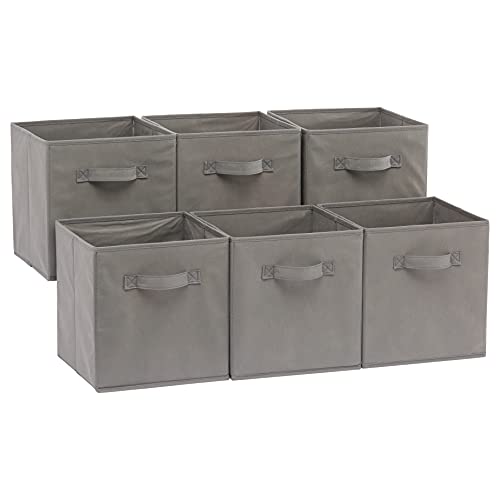 Amazon Basics Collapsible Fabric Storage Cubes Organizer with Handles, Sturdy, Foldable, Space-Saving, 10.5"x10.5"x11", Gray, 6-Pack