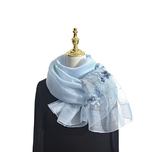 Women Silk & Wool Long and Large Scarf Shawl Wrap For Evening Dress - color: Flower Embroidery Light Blue