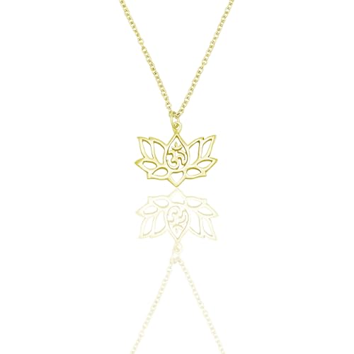quan jewelry Yoga Lotus Flower Pendant Necklace with Om Symbol, Happy Birthday Gifts Ideas for Mom, Daughter, Women with Inspirational Quote on Gift Card - color: Gold Tone