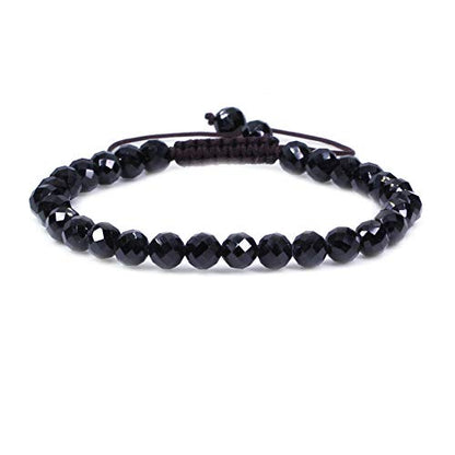 Keleny Natural Gemtone 6mm Round Beads Crystal Adjustable Braided Macrame Tassels Bracelets Unisex - color: Faceted Black Tourmaline
