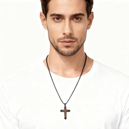 Cross Necklace for Men, Real Ebony Wooden Mens Cross Necklace Black Stainless Steel Christian Handmade Wood Pendant for Men, 24 Inch Box Chain - color: Black Cross Necklace