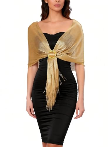 Sumolux Shawls Wraps for Evening Dresses Metallic Glitter Shawls Scarf for Women Sparkling Wedding with Free Buckle - color: Golden