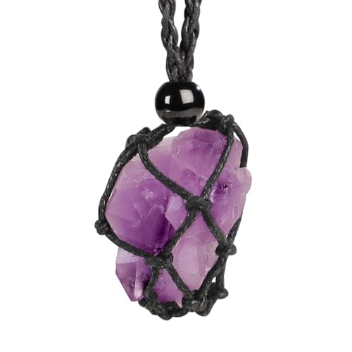 Natural unprocessed crystal raw stone hand woven rope adjustable necklace pendant for both men and women - color: A-Amethyst cluster 1