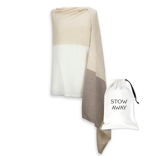 Jet&Bo 100% Pure Cashmere Lightweight Travel Wrap, Shawl & Scarf Beige Colorblock 72" x 28" with Protective Storage Bag + Gift Box