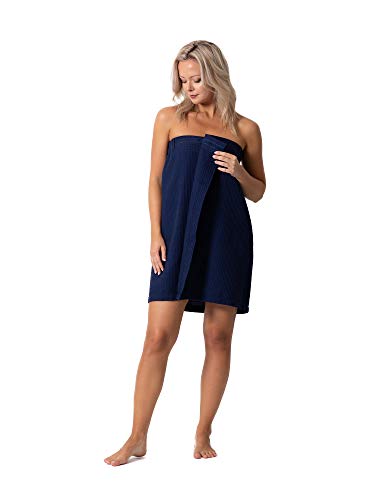Turkish Linen Women’s Waffle Spa Body Wrap with Adjustable Closure - color: Navy, size: XX-Large