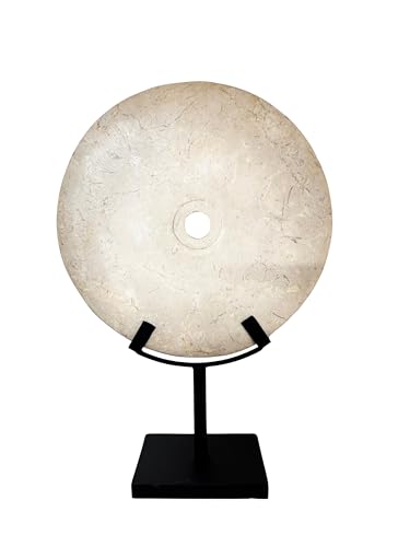 Elegant white decorative stone disc in oriental style, enhanced on a matte black metal base ideal to complement interiors with modern, zen or eclectic styles