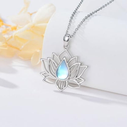 Lotus Necklaces for Women 925 Sterling Silver 7 Chakra/Yin Yang Pendant Necklace Spiritual Lotus Jewelry Birthday Yoga Gifts - style: Moonstone-Lotus
