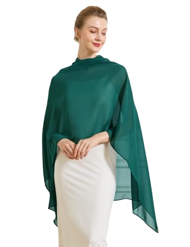 Chiffon Cape Shawl Wrap Scarf 3 Ways to Wear Elegant Sheer Capelet for Evening Dresses Weddings Parties - color: Emerald Green